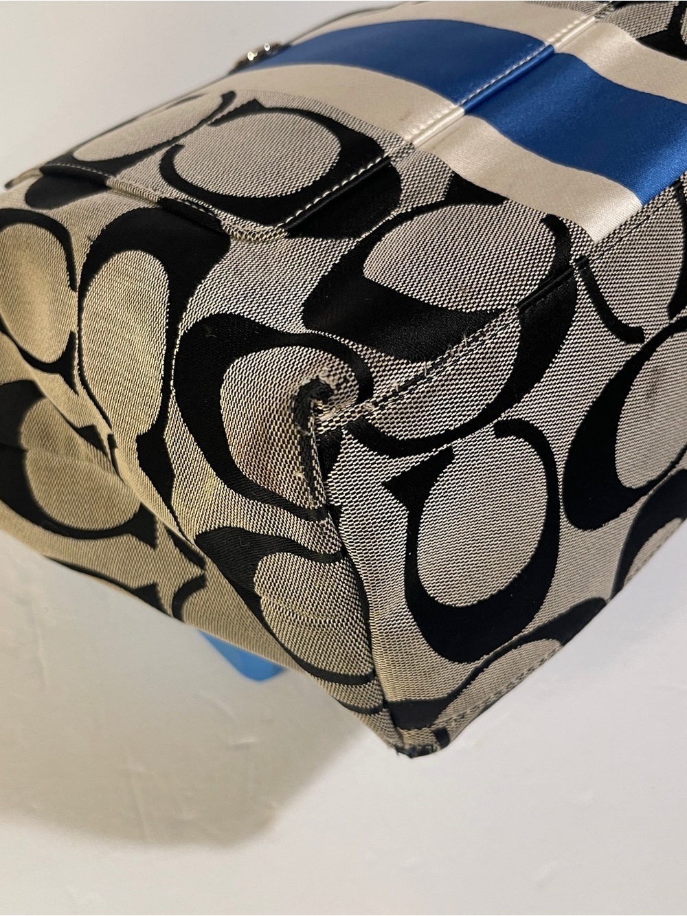 Coach Heritage Stripe Tote F14477 Y2K Signature C Shoulder Bag Black Blue White - Picture 14 of 16